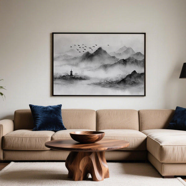 Ink-style mountain scene with layered hills, pagoda, and flock of birds, black and white landscape print.