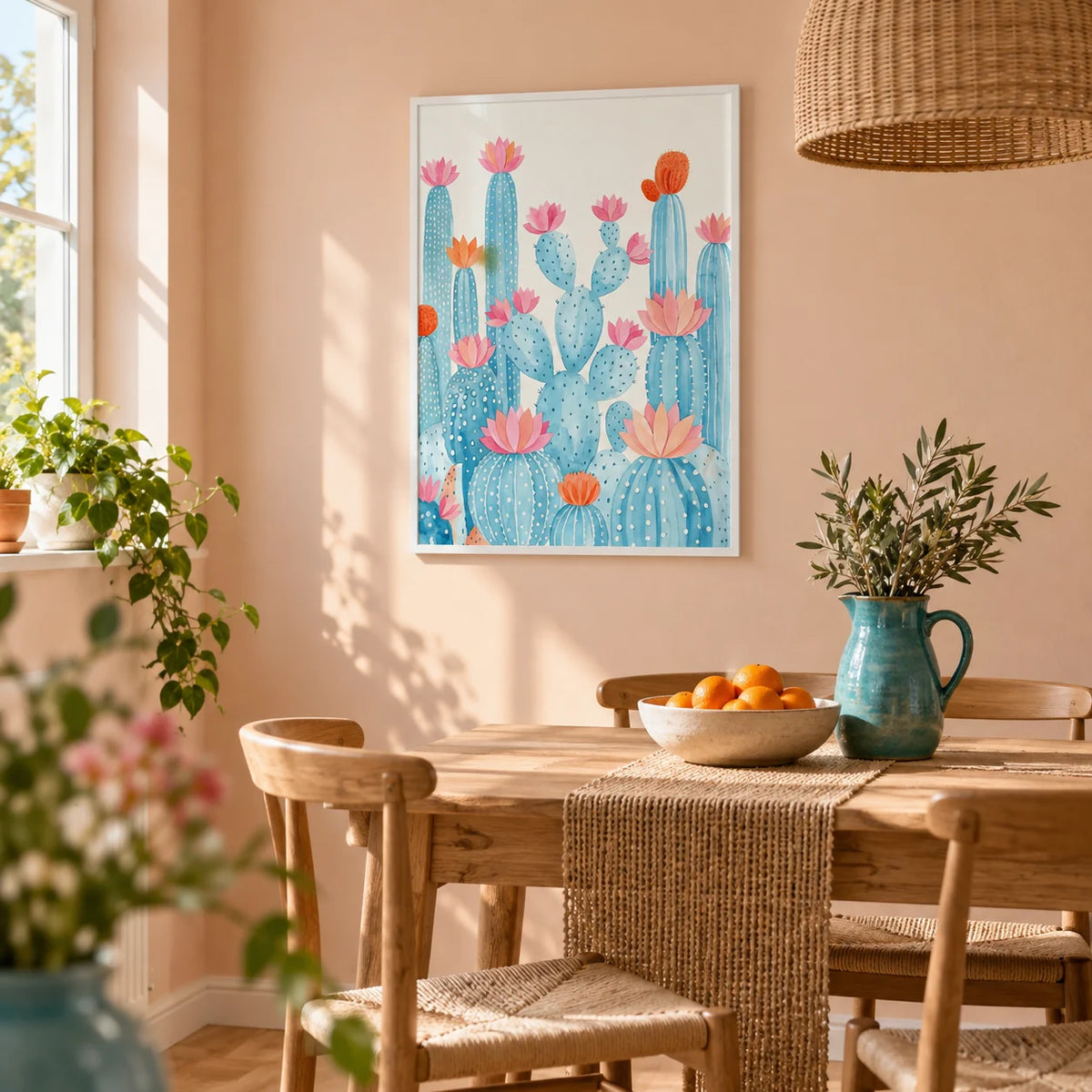 Cactus Art Print, framed on the wall of a bright dining area in a first flat for a couple aged 25-35