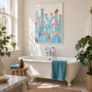 Cactus Art Print, framed on the wall of a light botanical bathroom in a Victorian terrace with warm white walls and plain white tiles