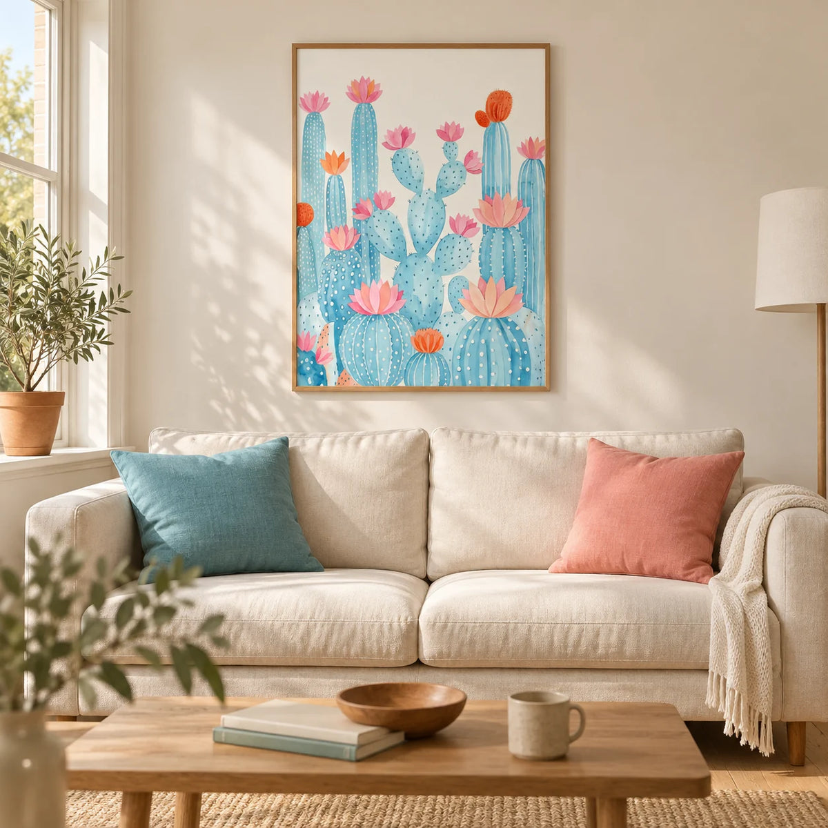 Cactus Art Print, framed on the wall of a relaxed living room in a UK terraced home with warm off-white plaster walls and pale oak flooring