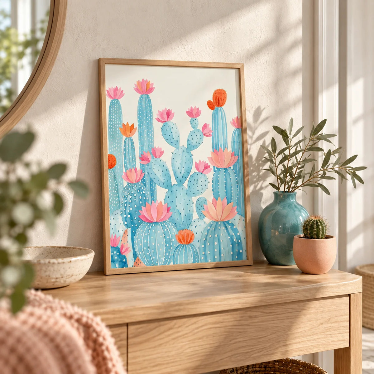 Cactus Art Print, a small A4 framed print leaning on a pale oak hallway side table