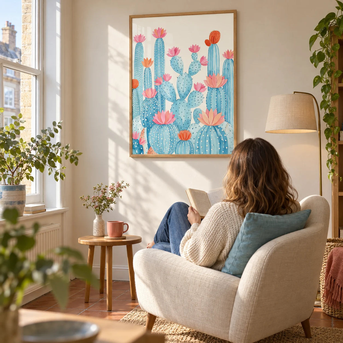 Cactus Art Print, framed on the wall of a sunny reading corner beside a tall window in a UK flat in a living room