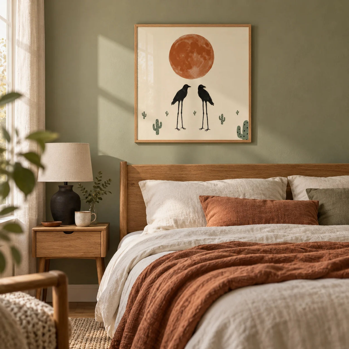 Cactus Bird Wall Art, framed on the wall of a calm bedroom in a UK flat with a muted sage green wall