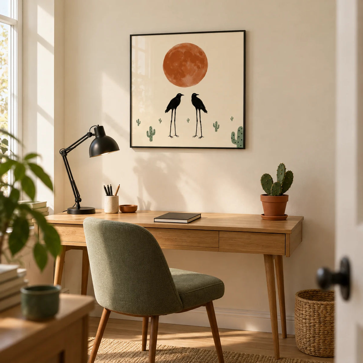 Cactus Bird Wall Art, framed on the wall of a compact home study in a UK flat with a warm cream wall and pale oak flooring