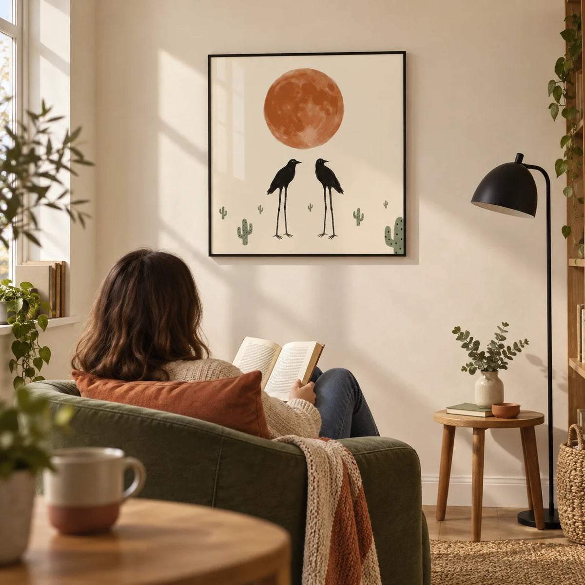 Cactus Bird Wall Art, framed on the wall of a quiet reading corner in a UK first home for an adult aged 25-35 with warm ivory walls in a living room