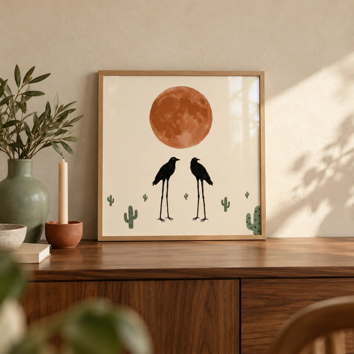 Cactus Bird Wall Art, a small A4 framed print leaning on a walnut sideboard in a living room