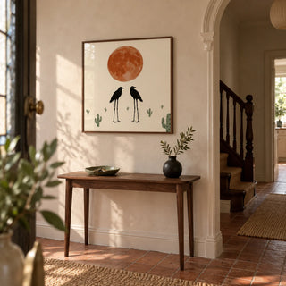 Cactus Bird Wall Art, framed on the wall of a welcoming hallway in a UK Victorian terrace with pale clay plaster walls and plain terracotta floor tiles
