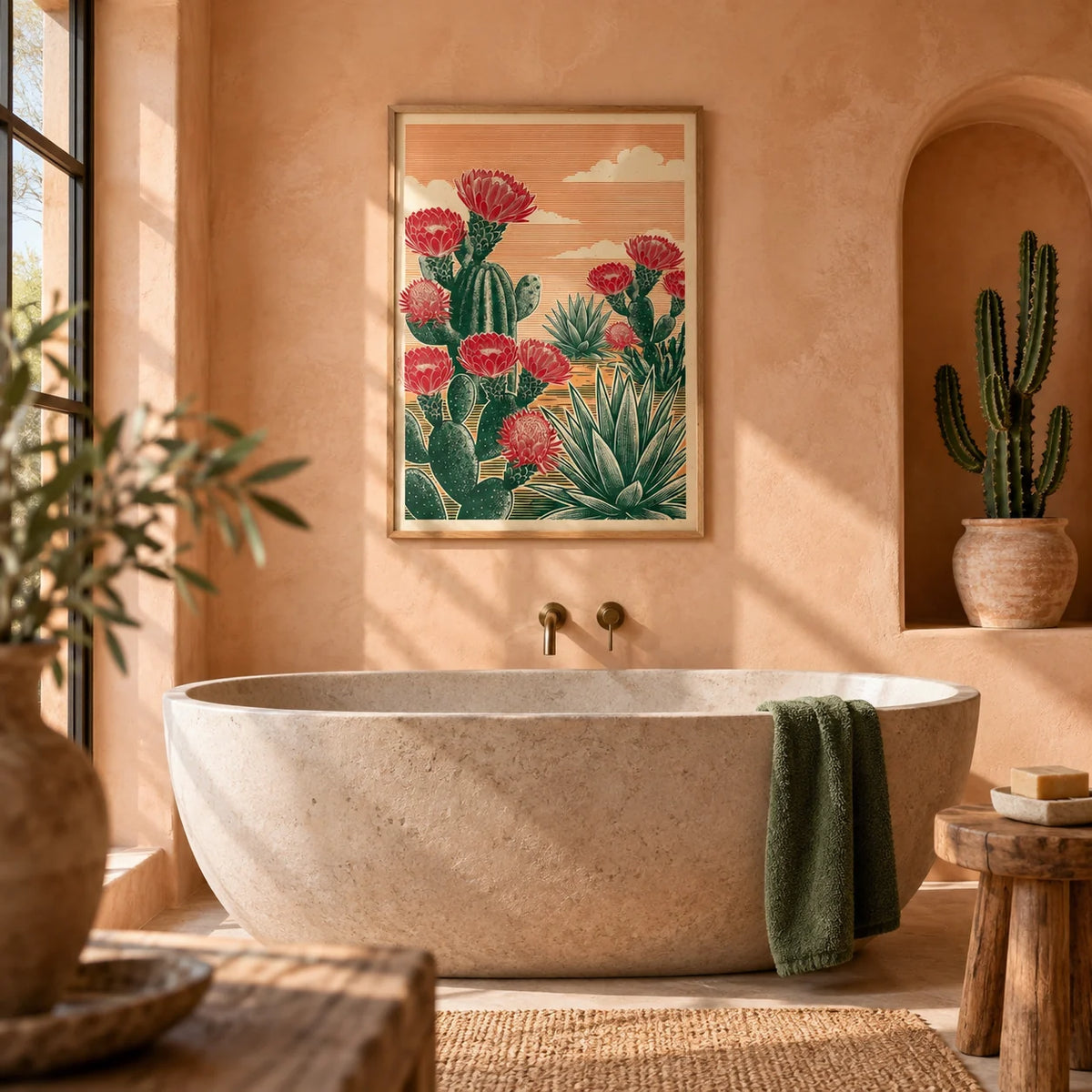 Cactus Desert Art, framed on the wall of a desert-modern bathroom with peach limewashed plaster walls