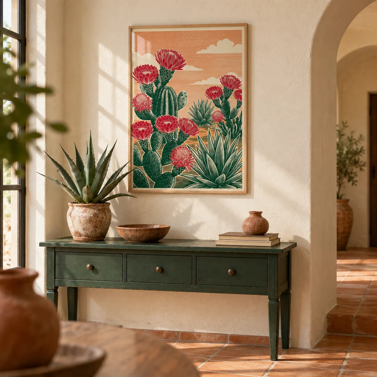 Cactus Desert Art, framed on the wall of a hallway with a terracotta floor and a cream plaster arch