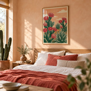 Cactus Desert Art, framed on the wall of a sunny bedroom with a peach limewashed wall
