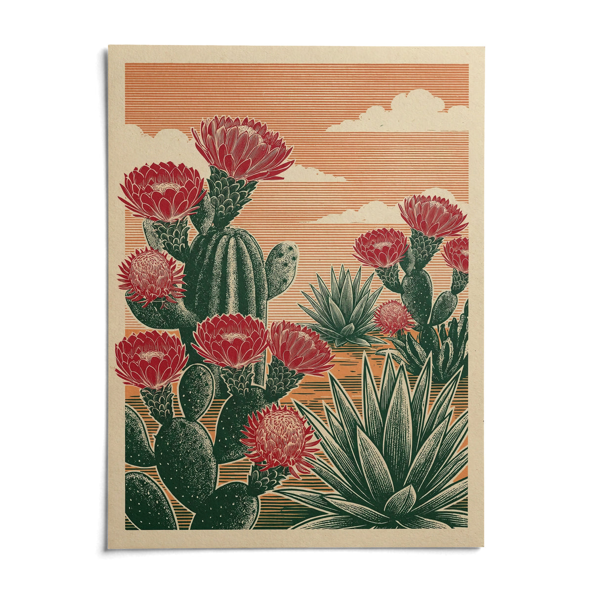 Cactus Desert Art, shown as an unframed paper print on a plain white background