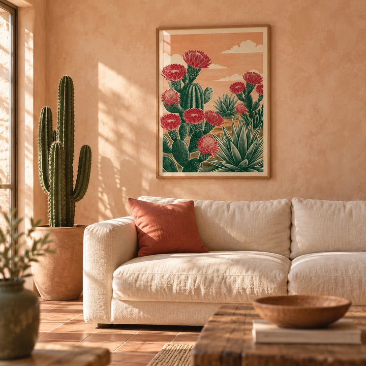 Cactus Desert Art, framed on the wall of a warm desert-modern living room with a peach limewashed wall and a terracotta floor