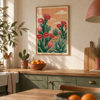 Cactus Desert Art, framed on the wall of a warm kitchen with sage green painted cabinets and plain plaster walls