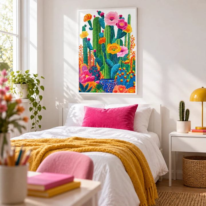 Cactus Floral Wall Art, framed on the wall of a bright teenage girl's bedroom (13-17) with a white wall