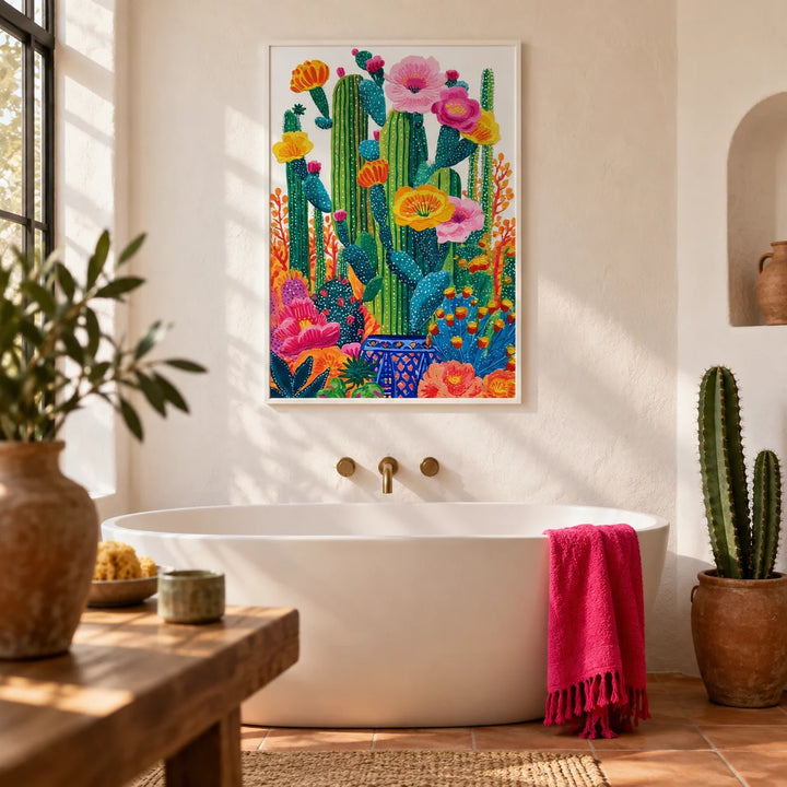 Cactus Floral Wall Art, framed on the wall of a calm Mexican-modern bathroom with white plaster walls and a plain terracotta floor