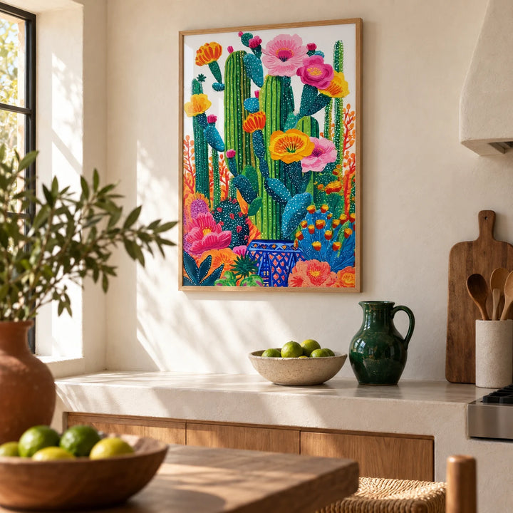 Cactus Floral Wall Art, framed on the wall of a Mexican-modern kitchen with warm white plaster walls