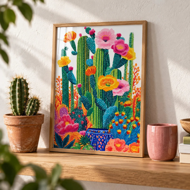 Cactus Floral Wall Art, a small A4 framed print leaning on an oak shelf in a living room