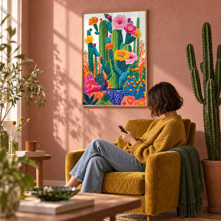 Cactus Floral Wall Art, framed on the wall of a sunny reading corner with a dusty pink limewashed wall in a living room