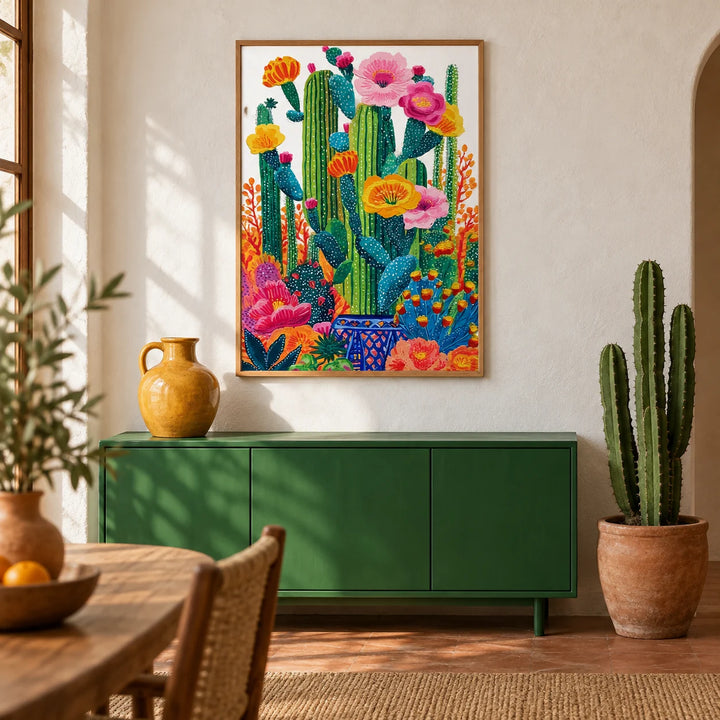 Cactus Floral Wall Art, framed on the wall of a warm Mexican-modern living room with a white limewashed plaster wall and a plain terracotta floor