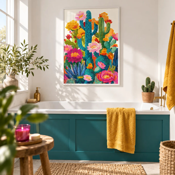 Cactus Flower Art, framed on the wall of a bright bathroom with white walls and a solid teal painted bath panel