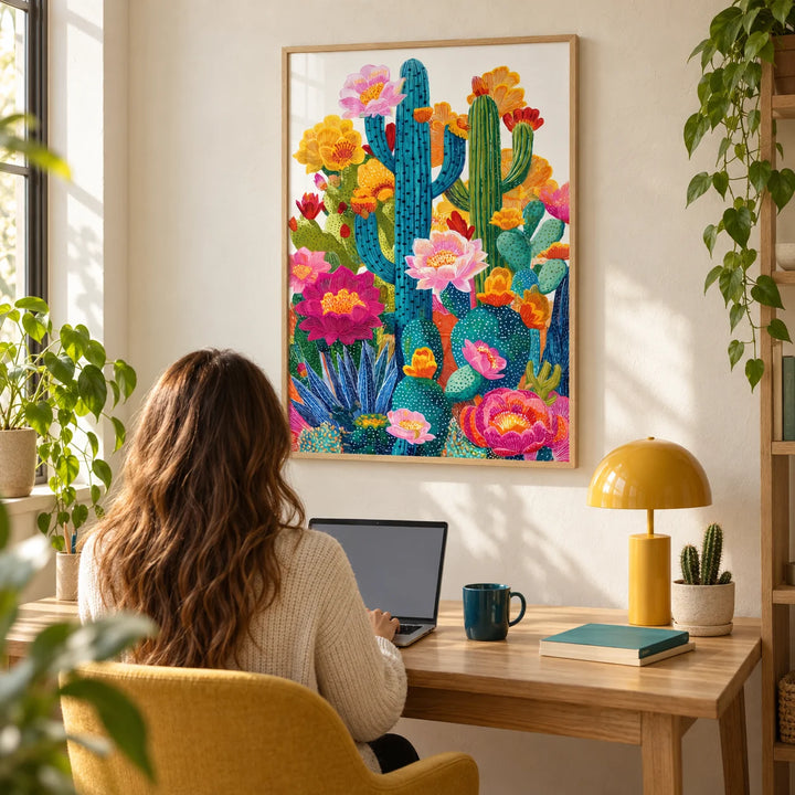 Cactus Flower Art, framed on the wall of a bright home office with a cream plaster wall