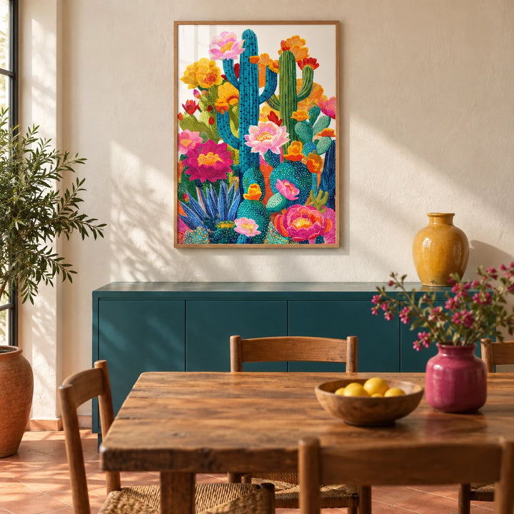Cactus Flower Art, framed on the wall of a Mexican-modern dining room with a warm white limewashed wall and a plain terracotta floor