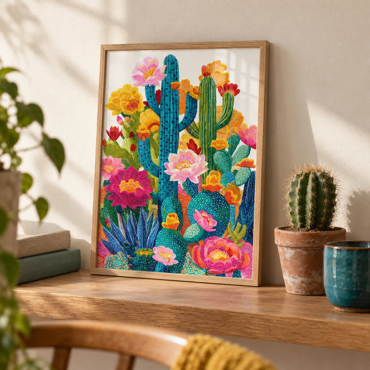 Cactus Flower Art, a small A4 framed print leaning on an oak shelf in a living room