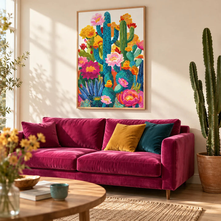 Cactus Flower Art, framed on the wall of a warm living room with a cream wall and a pale oak floor