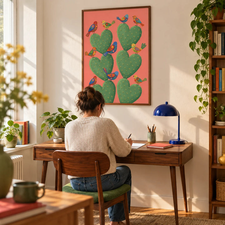Cactus Heart Poster, framed on the wall of a bright home study in a UK flat with warm white walls and an oak floor