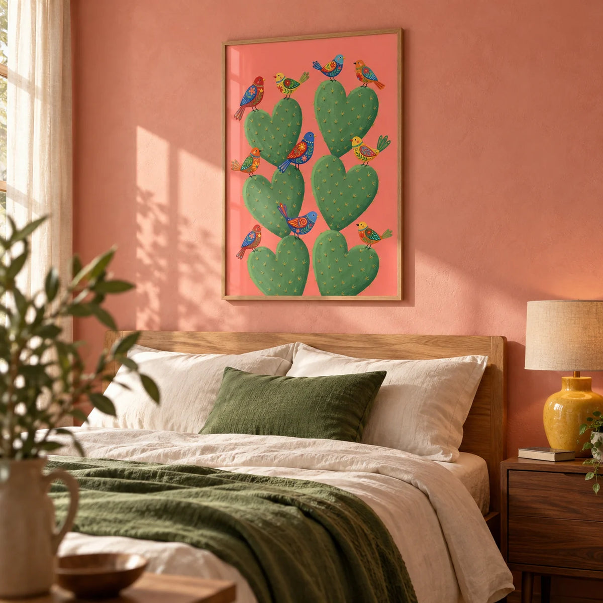 Cactus Heart Poster, framed on the wall of a warm contemporary bedroom for a couple (25-40) with a pale coral pink plaster wall