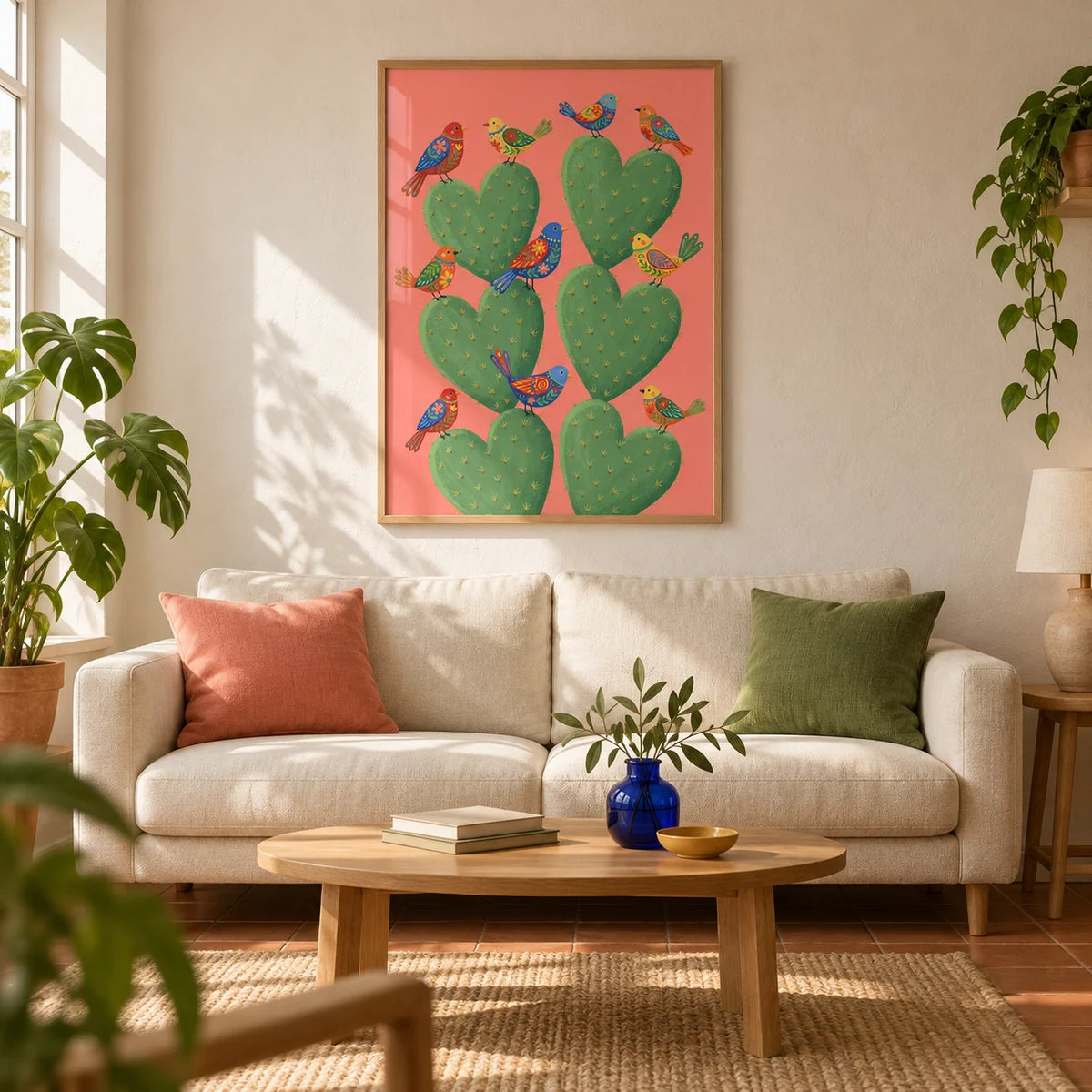 Cactus Heart Poster, framed on the wall of a warm modern living room in a UK first flat (22-28)