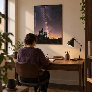 Cactus Night Print, framed on the wall of a compact home study in a UK flat with a warm white wall and dark wooden floor