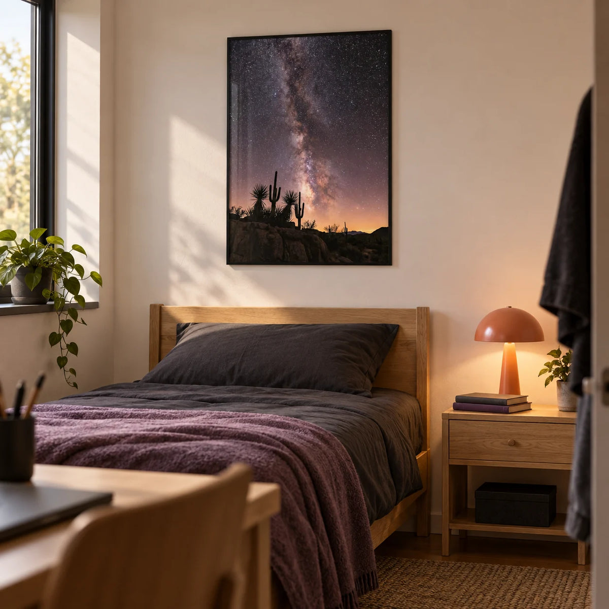 Cactus Night Print, framed on the wall of a contemporary single bedroom for a university student (18-21) who loves astronomy