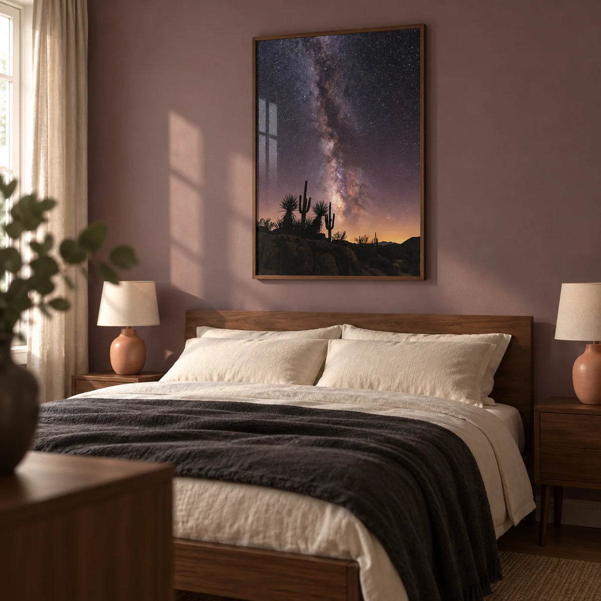 Cactus Night Print, framed on the wall of a restful adult bedroom in a modern UK terrace with a muted mauve wall