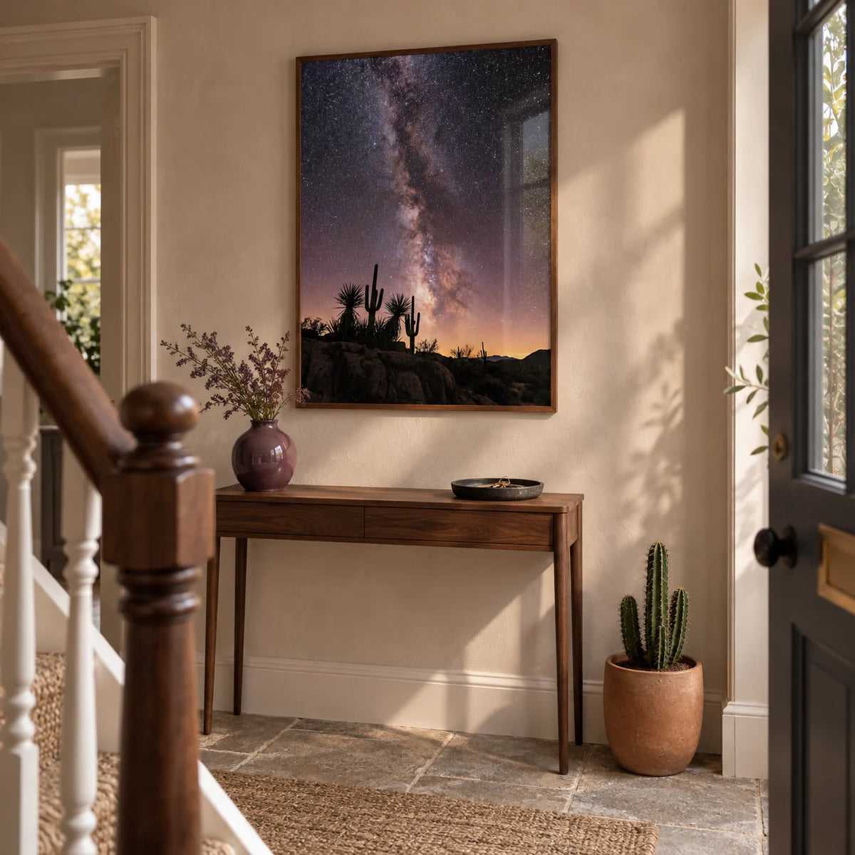 Cactus Night Print, framed on the wall of a welcoming hallway in a renovated UK terraced house with pale clay plaster walls