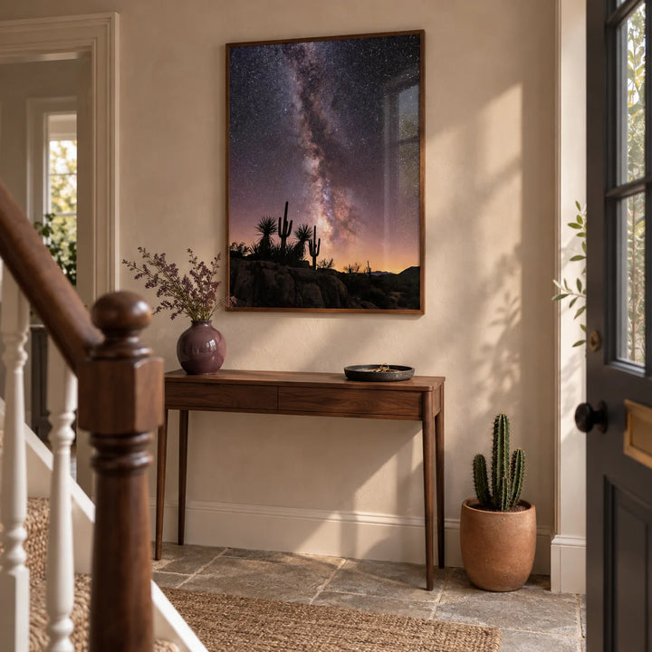 Cactus Night Print, framed on the wall of a welcoming hallway in a renovated UK terraced house with pale clay plaster walls