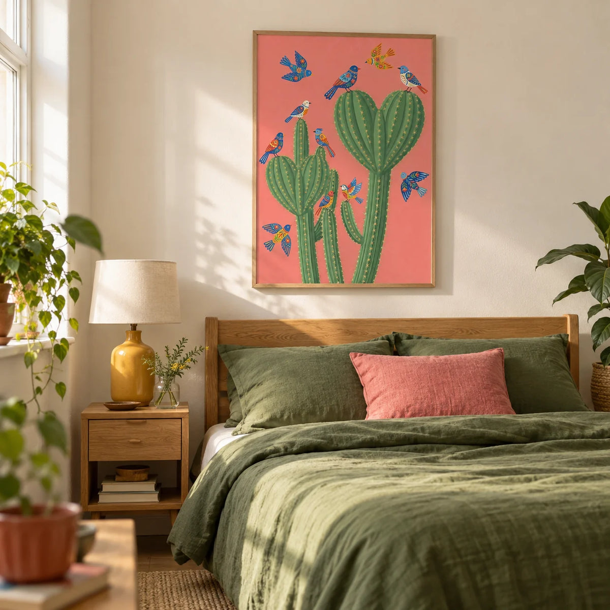 Cactus Poster Print, framed on the wall of a cheerful adult bedroom in a UK terrace with a warm white wall and pale wooden floor