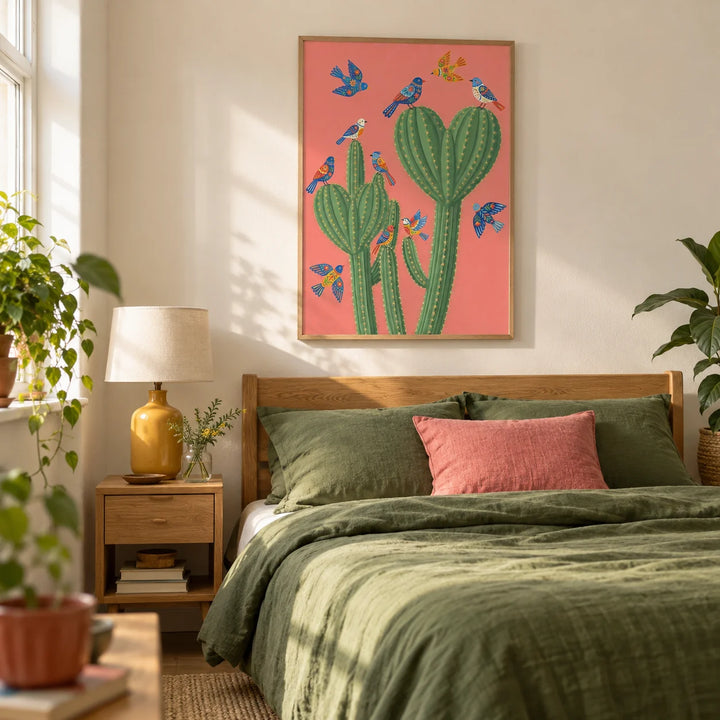 Cactus Poster Print, framed on the wall of a cheerful adult bedroom in a UK terrace with a warm white wall and pale wooden floor