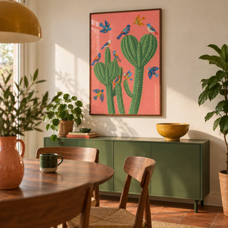 Cactus Poster Print, framed on the wall of a compact modern dining room in a colourful UK flat with warm white walls and a terracotta floor