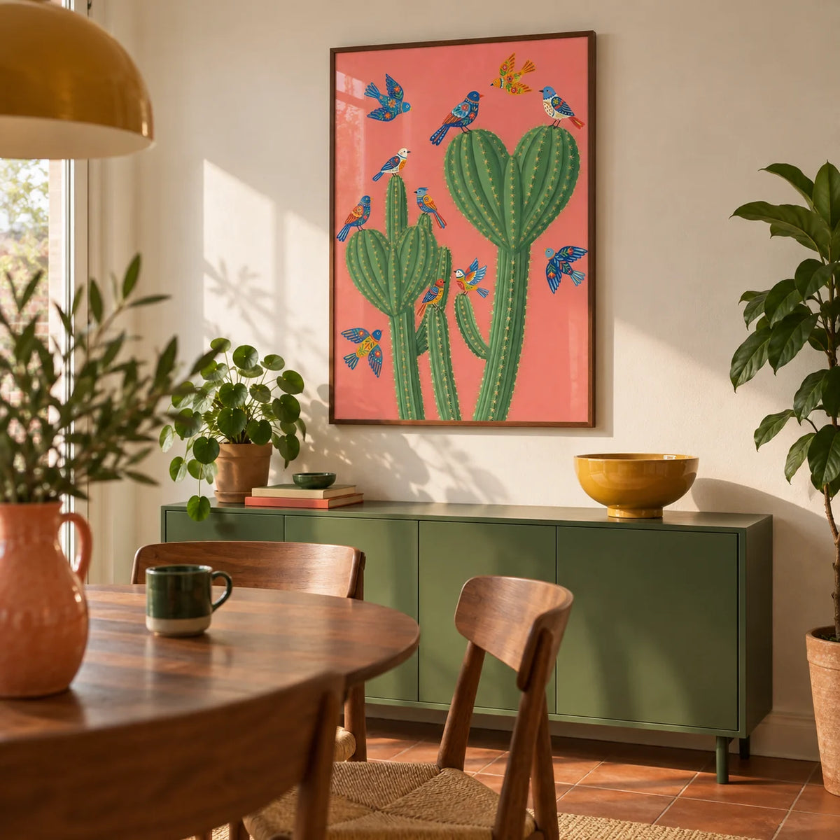 Cactus Poster Print, framed on the wall of a compact modern dining room in a colourful UK flat with warm white walls and a terracotta floor