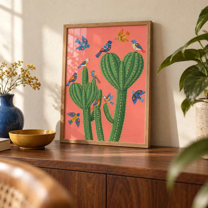 Cactus Poster Print, a small A4 framed print leaning on a walnut sideboard in a living room