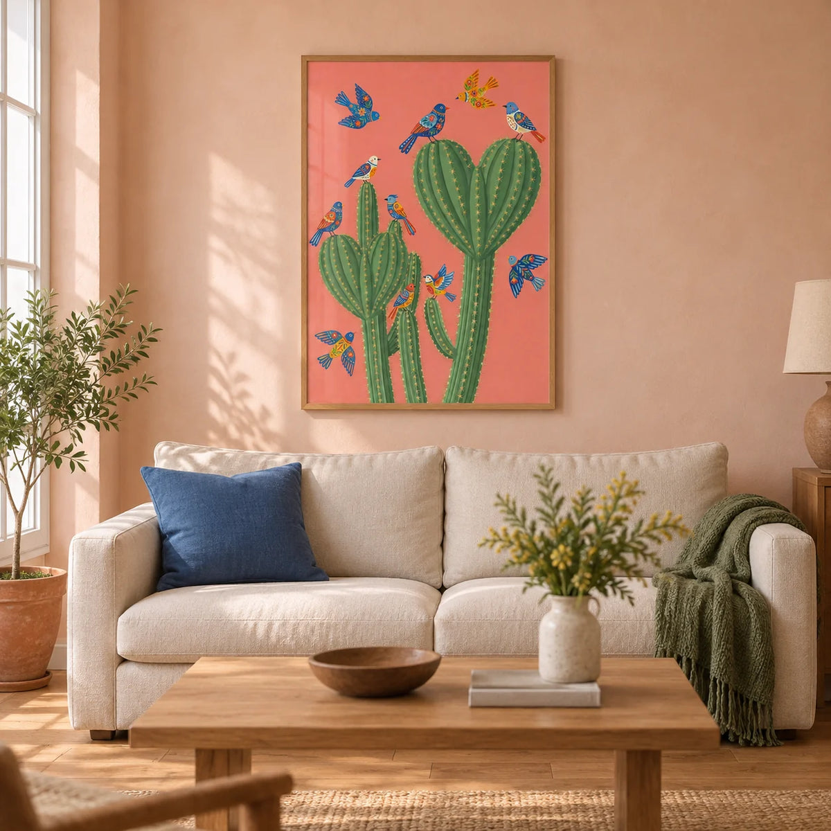 Cactus Poster Print, framed on the wall of a warm contemporary living room in a UK terrace with pale peach plaster walls and an oak floor