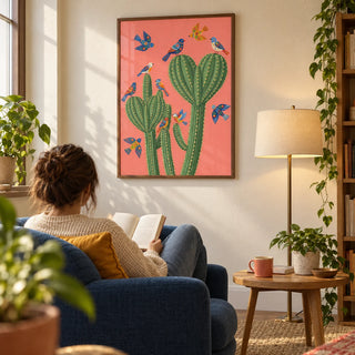 Cactus Poster Print, framed on the wall of a warm reading corner in a UK first flat for a botanical-art lover (25-35) in a living room