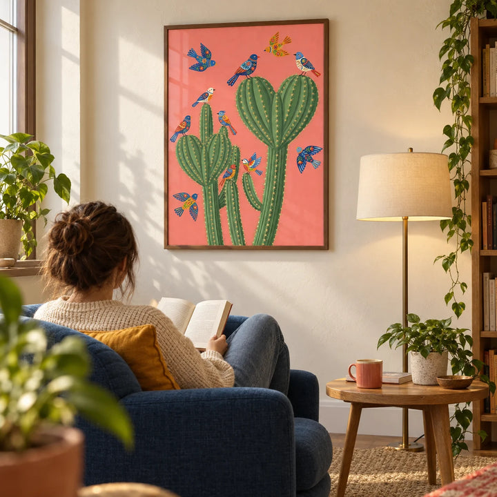 Cactus Poster Print, framed on the wall of a warm reading corner in a UK first flat for a botanical-art lover (25-35) in a living room