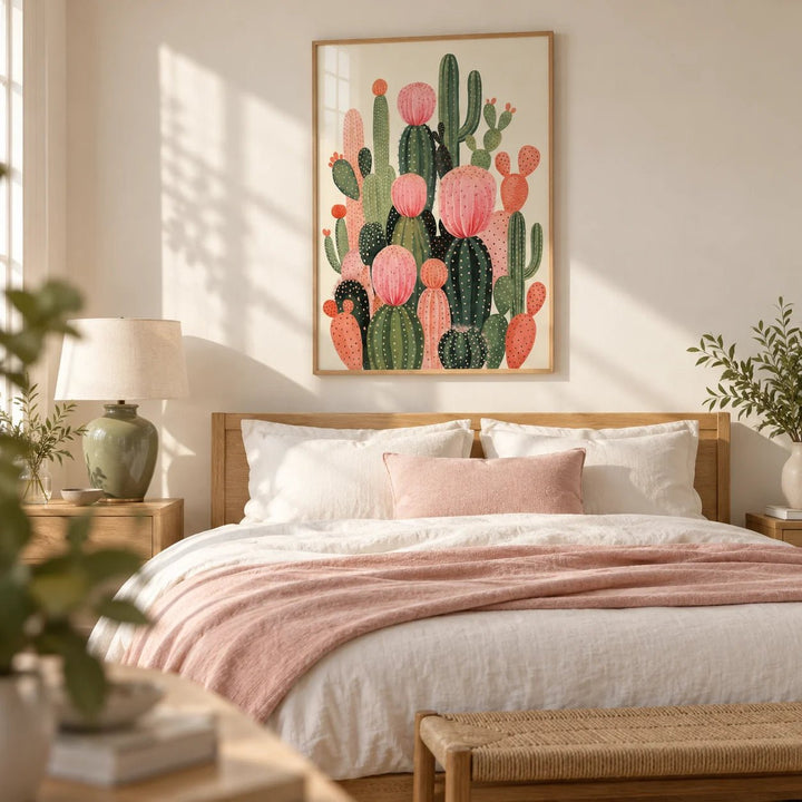 Cactus Print, framed on the wall of a bright bedroom