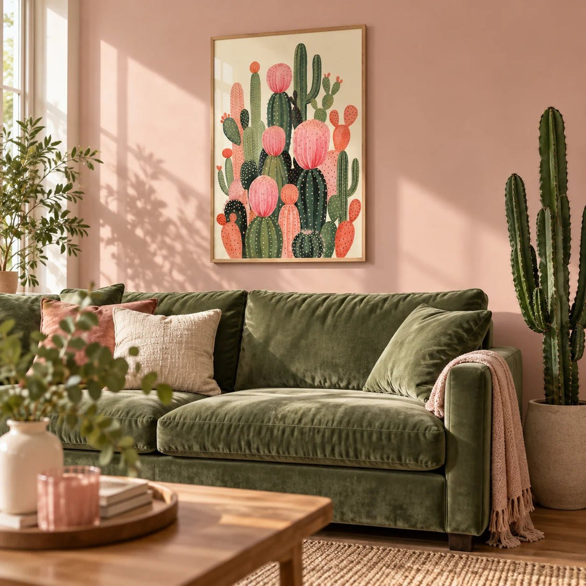 Cactus Print, framed on the wall of a bright plant-filled living room with a soft blush pink painted wall