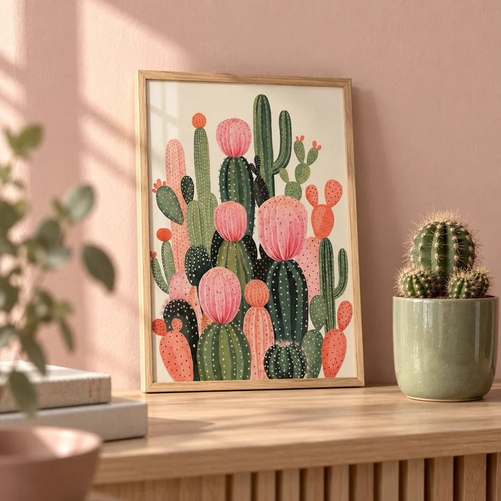 Cactus Print, a small A4 framed print leaning on a pale oak shelf in a living room