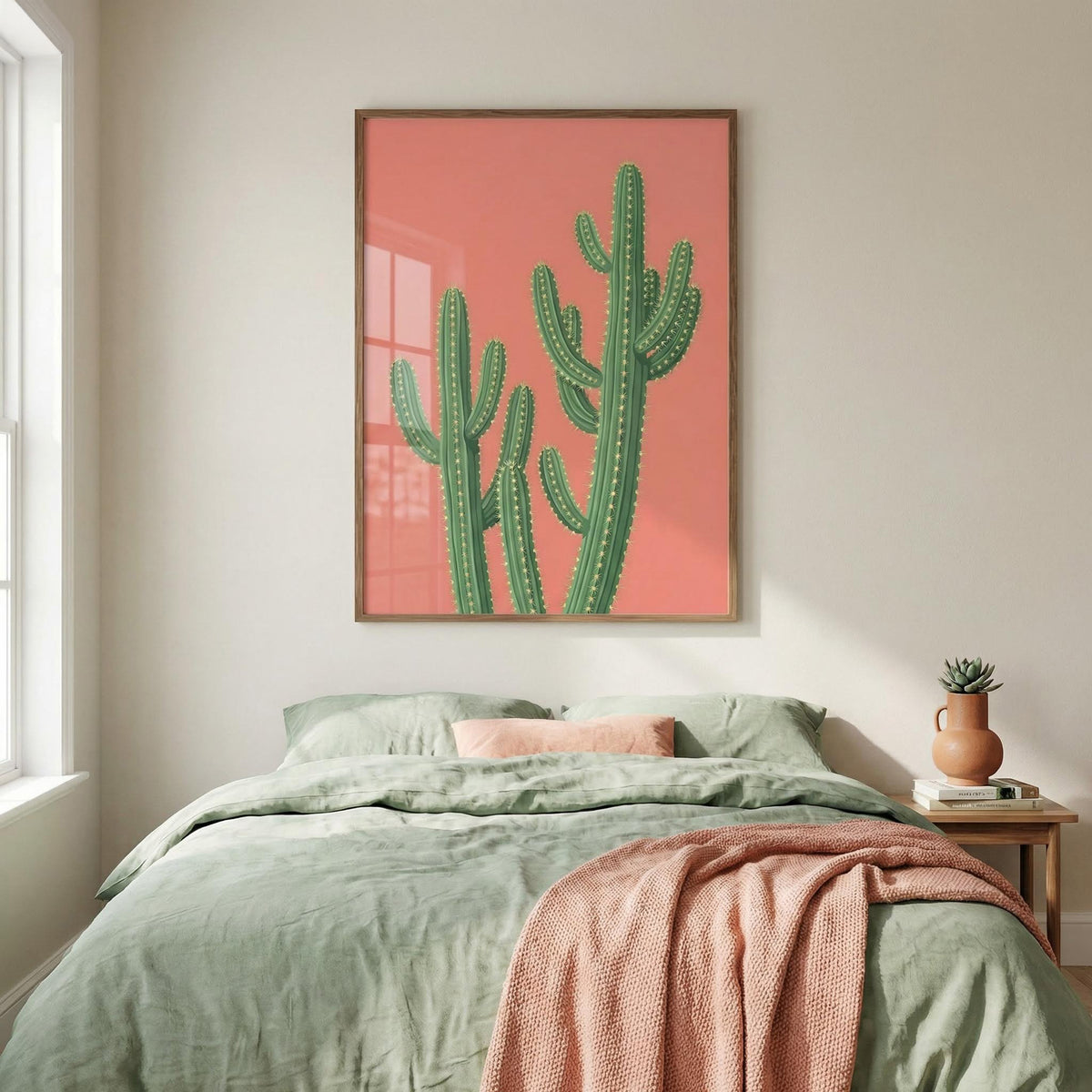 Bedroom with a cactus artwork on the wall