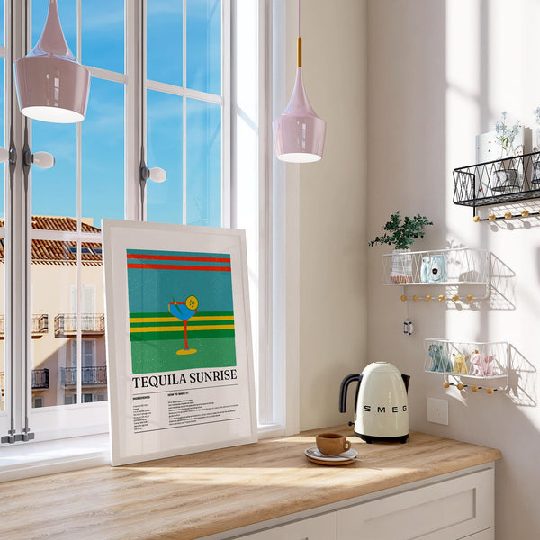 Tequila Sunrise poster with a tall glass and citrus slice garnish.