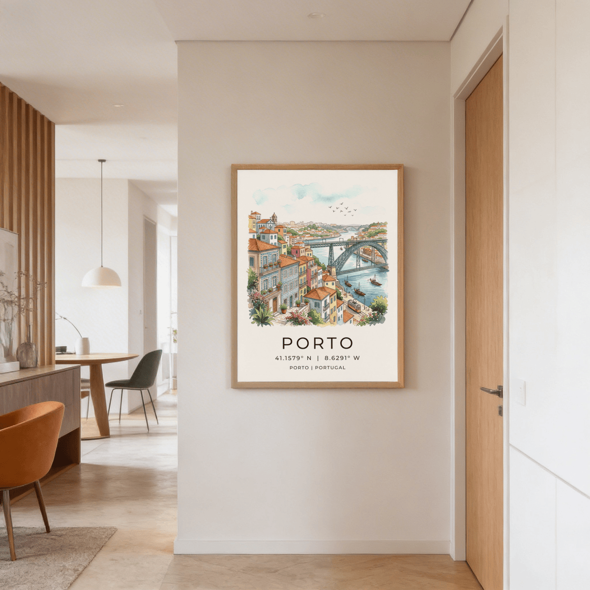 Illustrated travel wall art of Porto with layered rooftops, riverbank promenade, and bridge structure